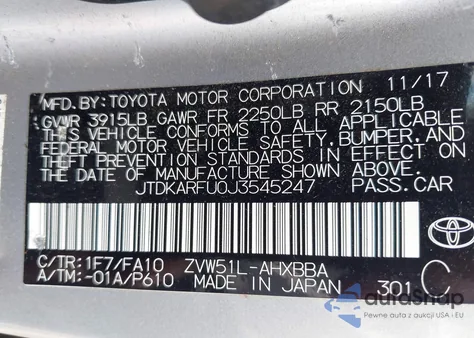 2018 Toyota Prius Two Eco из США, поврежденный, VIN JTDKARFU0J3545247